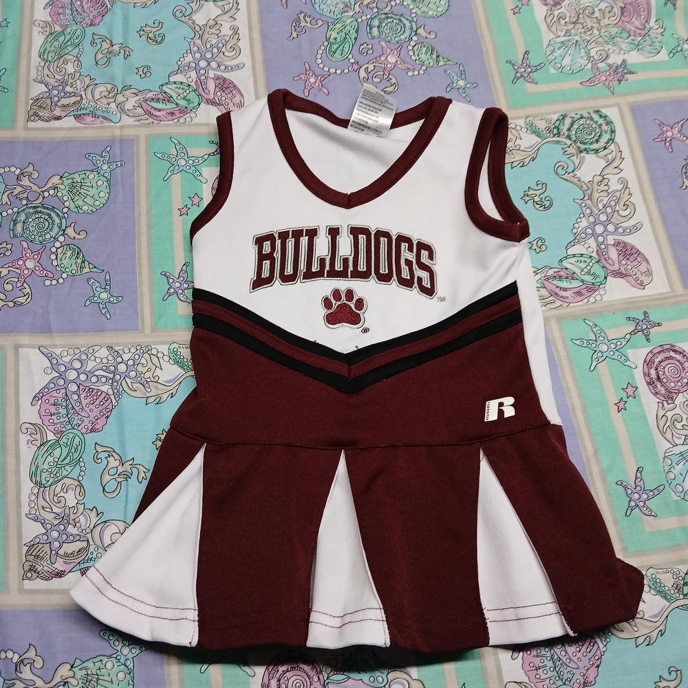 maroon and white 18 Months cheerleader uniform dress with "BULLDOGS" Russell